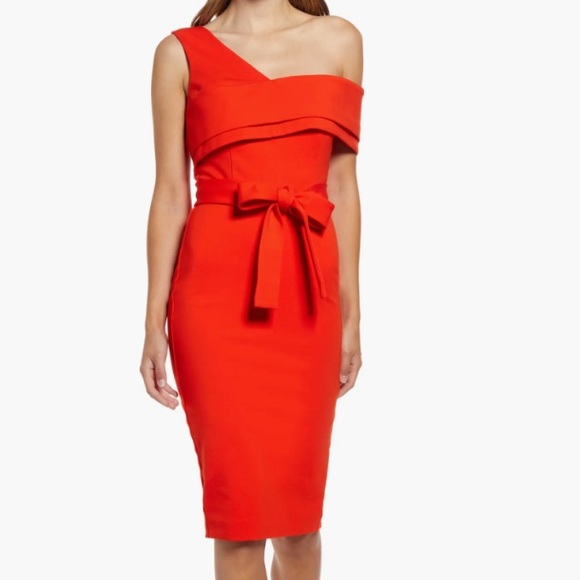 Lavish Alice One Shoulder Midi Dress Cocktail Sheath Hot Coral Red New - Picture 1 of 13